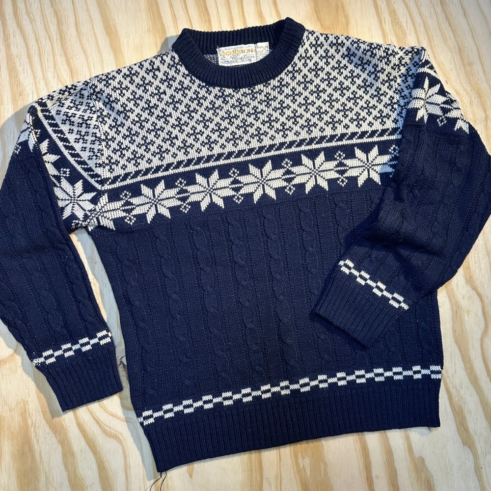 Andhurst Custom Mens Large Navy Blue Fair Isle Snowflake Cable Knit Sweater